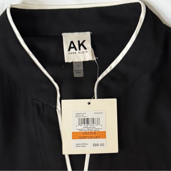 Anne Klein V-Neck Button Down Long Sleeve Chiffon Blouse with White Trim - Picture 2 of 4